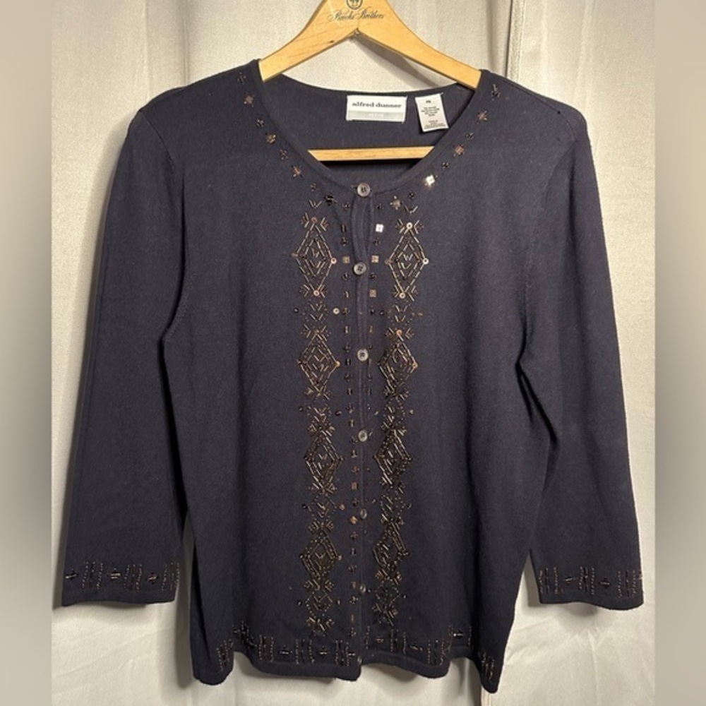 Alfred Dunner Petite Navy Blue Beaded Sequin Cardigan Sweater PS